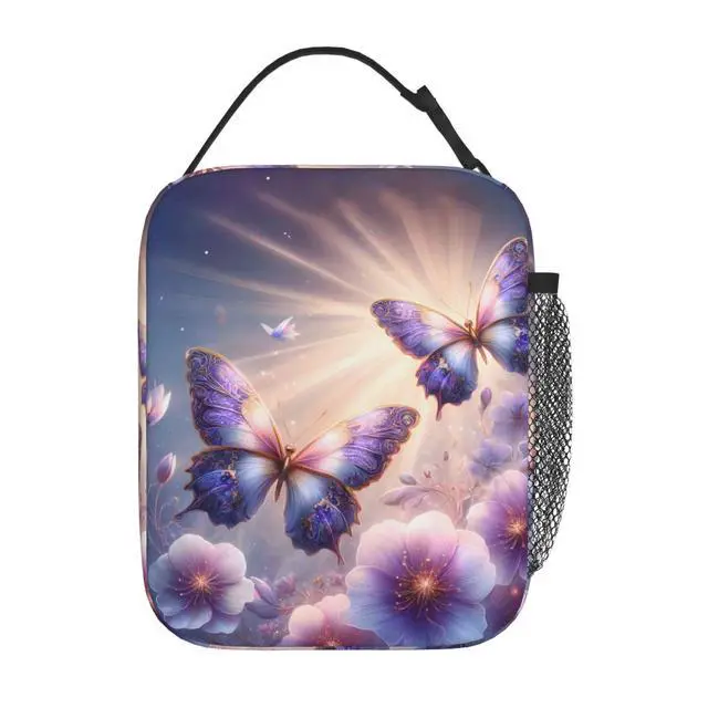 Alt view image 3 of 7 - Purple Butterfly Polyester Lunch Box for Kids Teen,Cute Reusable Thermal Lunch Bag for Adult Women,Flower Insulated Tote Cooler Bags for School, Work, Picnic,Travel,Floral Butterflies Design