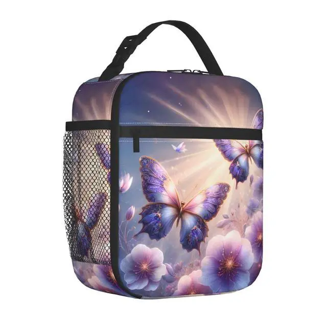 Alt view image 2 of 7 - Purple Butterfly Polyester Lunch Box for Kids Teen,Cute Reusable Thermal Lunch Bag for Adult Women,Flower Insulated Tote Cooler Bags for School, Work, Picnic,Travel,Floral Butterflies Design