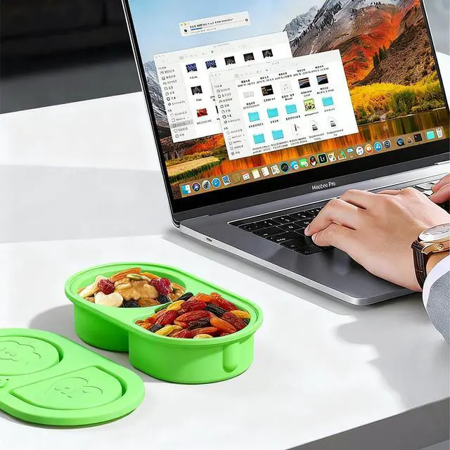 Alt view image 6 of 7 - Silicone Snack Container, Reusable Silicone Food Storage Box with Lid, 6.45x3.7x1.4 inches Portable Bento for Lunch, Office, Gym, Travel, Kids & Meal Prep (green)