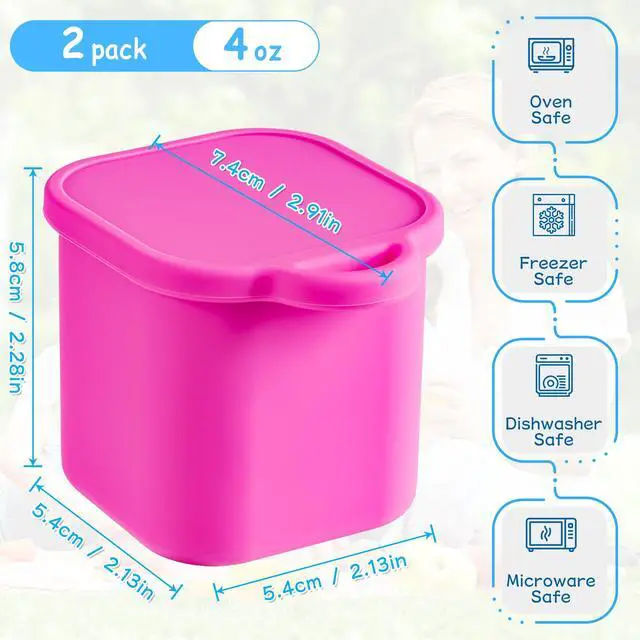 Alt view image 2 of 7 - Silicone Dips Containers, 2x 4 oz Salad Dressing Container To Go, Condiment Container with Lids, Compatible with Most Bento Lunch Box (Pink/Cyan)