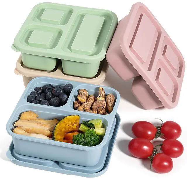 Main image of 4Piece Silicone Snack Container with Lids, 3 Compartment Snack Container, is Perfect for Lunch Salads, Snack Boxes, and Ideal for Travel, Office, and Picnics.Lightweight Stackable
