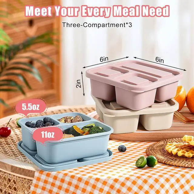 Alt view image 2 of 7 - 4Piece Silicone Snack Container with Lids, 3 Compartment Snack Container, is Perfect for Lunch Salads, Snack Boxes, and Ideal for Travel, Office, and Picnics.Lightweight Stackable