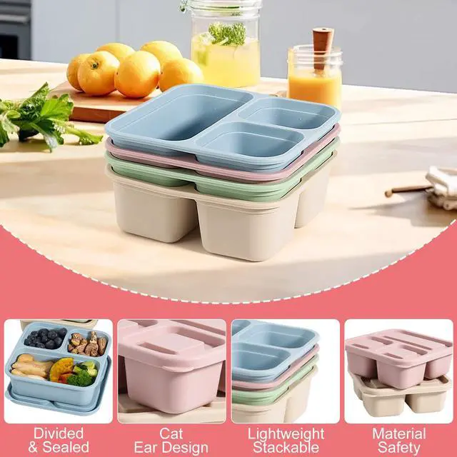 Alt view image 3 of 7 - 4Piece Silicone Snack Container with Lids, 3 Compartment Snack Container, is Perfect for Lunch Salads, Snack Boxes, and Ideal for Travel, Office, and Picnics.Lightweight Stackable