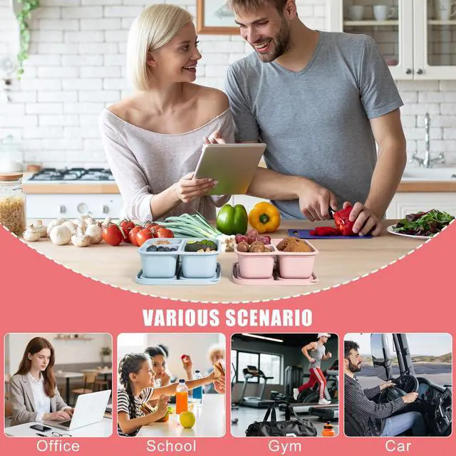 Alt view image 6 of 7 - 4Piece Silicone Snack Container with Lids, 3 Compartment Snack Container, is Perfect for Lunch Salads, Snack Boxes, and Ideal for Travel, Office, and Picnics.Lightweight Stackable