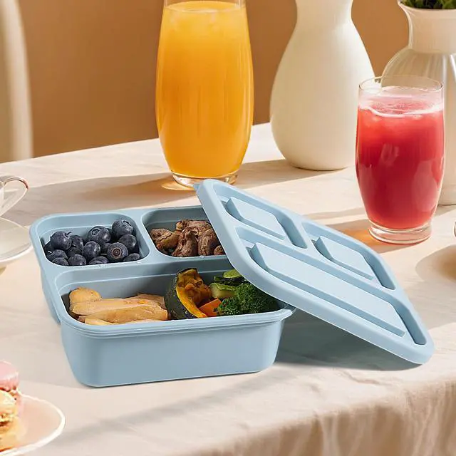 Alt view image 7 of 7 - 4Piece Silicone Snack Container with Lids, 3 Compartment Snack Container, is Perfect for Lunch Salads, Snack Boxes, and Ideal for Travel, Office, and Picnics.Lightweight Stackable