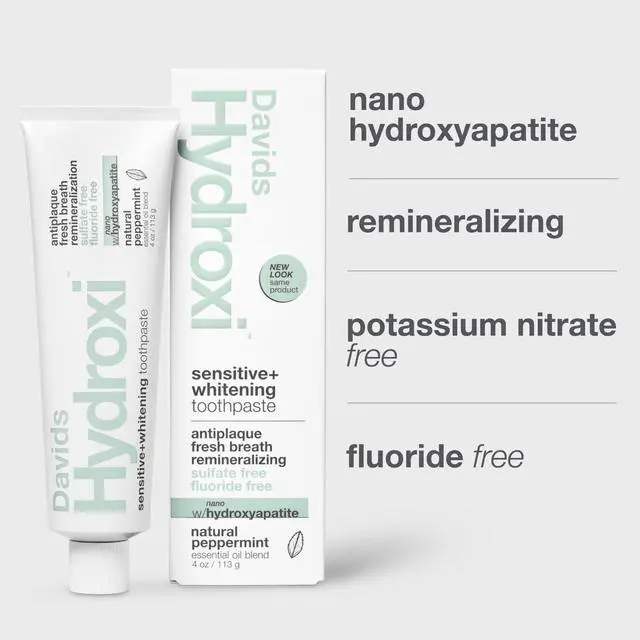 Alt view image 2 of 7 - Davids Hydroxi Fluoride Free Nano Hydroxyapatite Toothpaste for Remineralizing, Sensitive Support, Whitening, Antiplaque, SLS Free, Natural Peppermint, 4oz, Made in USA