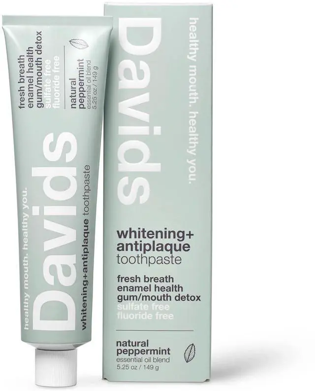 Main image of Davids Fluoride Free Toothpaste, Teeth Whitening, Antiplaque, SLS (Sulfate) Free, Promotes Enamel Health, Mouth & Gum Detox, EWG Verified, Peppermint, 5.25oz