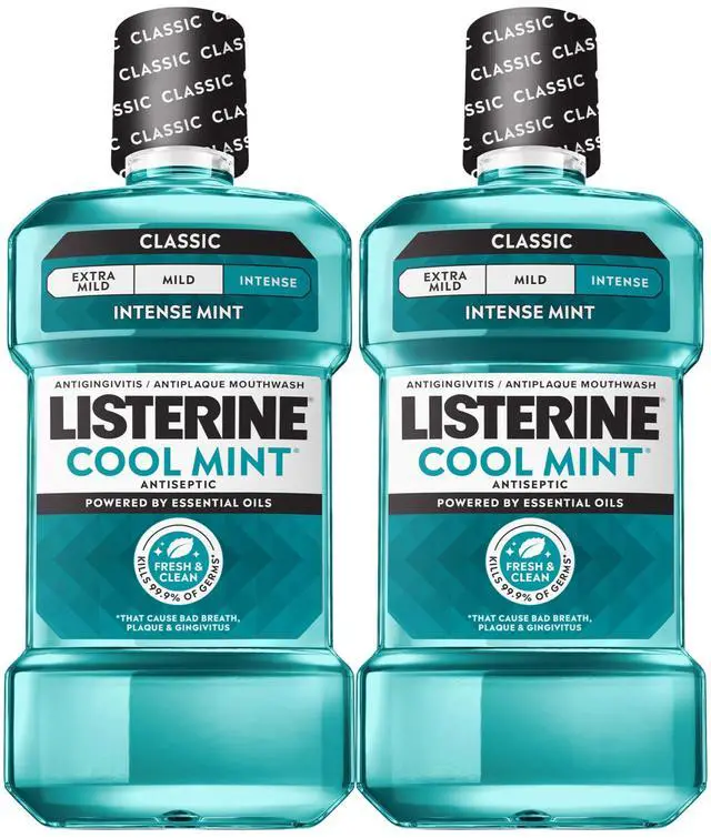 Main image of Mouthwash Cool Mint Antiseptic Treatment for Adults Kills 99.9% of Germs that Cause Bad Breath Plaque Gingivitis in a Daily Intense Mint Mouthwash, 2 Pack of 33.8 fl oz/1 L