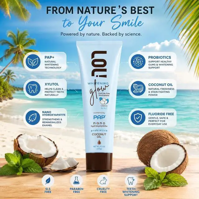 Alt view image 7 of 7 - Whitening Toothpaste Sensitive Teeth Fluoride Free, Pap + Nano Hydroxyapatite Toothpaste, Coconut Oil, Probiotics & Xylitol, Natural Coconut Flavor