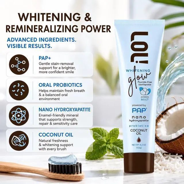 Alt view image 3 of 7 - Whitening Toothpaste Sensitive Teeth Fluoride Free, Pap + Nano Hydroxyapatite Toothpaste, Coconut Oil, Probiotics & Xylitol, Natural Coconut Flavor