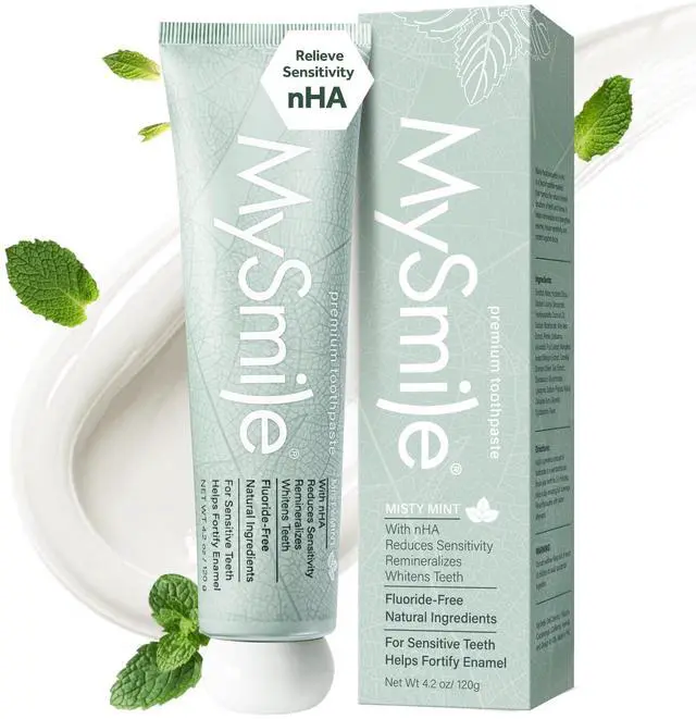 Main image of Fluoride Free Nano Hydroxyapatite Toothpaste for Sensitive Teeth, Strengthens Enamel, Remineralizes & Whitens Teeth, Freshens Breath for Adults, SLS Free, Natural Misty Mint, 4.2 oz