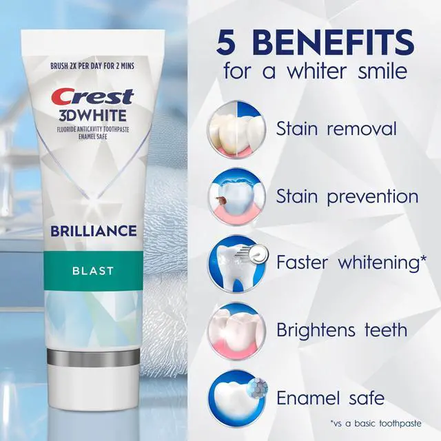 Alt view image 2 of 7 - 3D White Brilliance Blast Teeth Whitening Toothpaste, 4.6 oz, Anticavity Fluoride Toothpaste, 100% More Surface Stain Removal, 24 Hour Active Stain Prevention