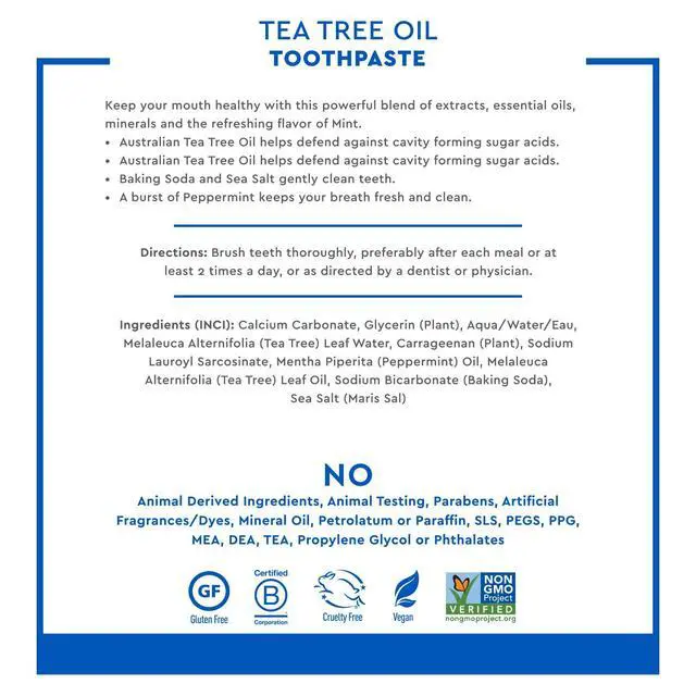 Alt view image 4 of 5 - Tea Tree Oil Toothpaste - Mint - 6.25 Ounce - Refreshing Taste - Deep Cleans Teeth & Gums - Helps Fight Plaque - Sea Salt - Pure Essential Oil - Baking Soda - Promotes Healthy Mouth