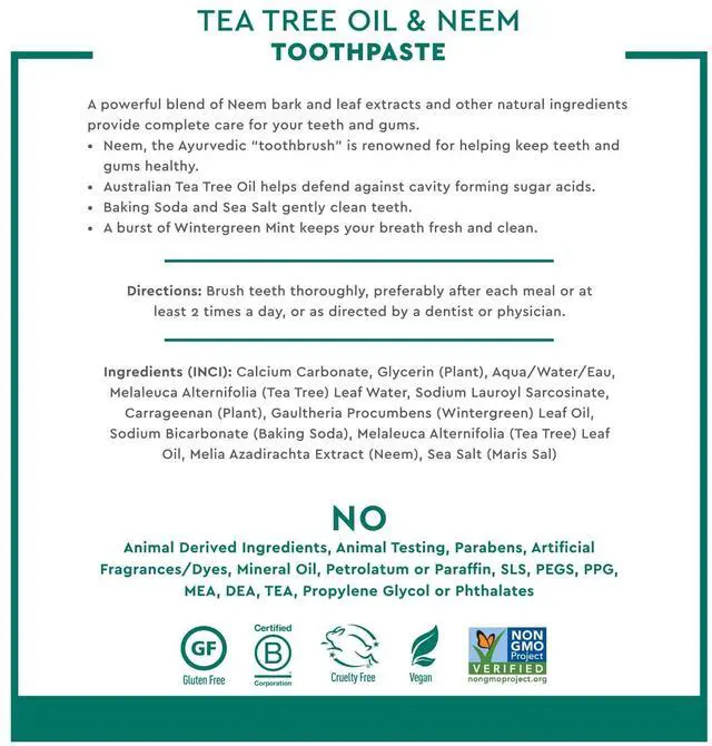 Alt view image 3 of 6 - Tea Tree Oil & Neem Toothpaste - Fluoride-Free, Gluten-Free, SLS Free Formula - Vegan, Herbal Toothpaste for Plaque Reduction - Wintergreen Flavor, 6.25 oz
