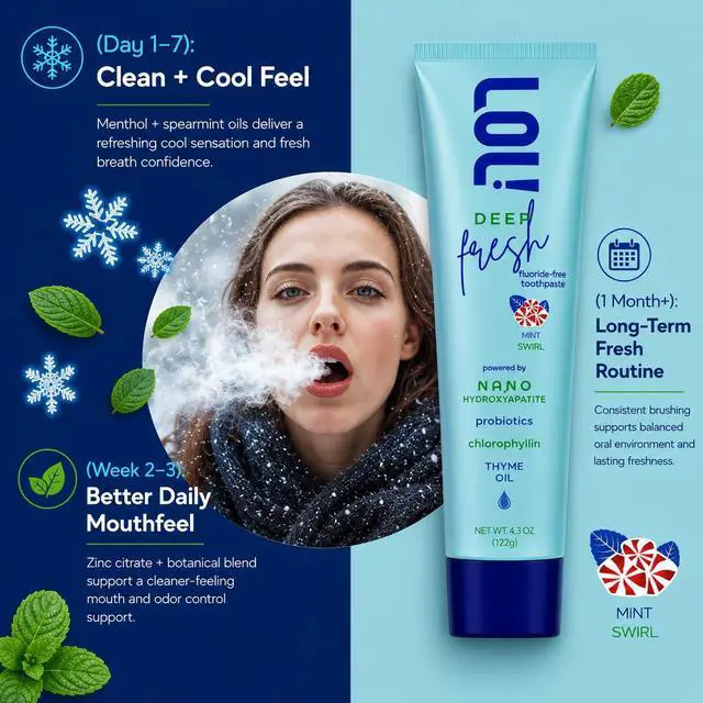 Alt view image 4 of 7 - Deep Fresh Mint Swirl, Fluoride Free Toothpaste - Bad Breath Treatment for Adults | Nano Hydroxyapatite, Oral Probiotics, Thyme Oil, Parsley, Zinc Citrate Odor Neutralizing, Tooth Paste