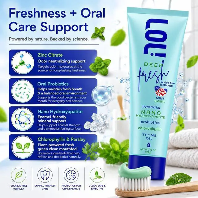 Alt view image 3 of 7 - Deep Fresh Mint Swirl, Fluoride Free Toothpaste - Bad Breath Treatment for Adults | Nano Hydroxyapatite, Oral Probiotics, Thyme Oil, Parsley, Zinc Citrate Odor Neutralizing, Tooth Paste