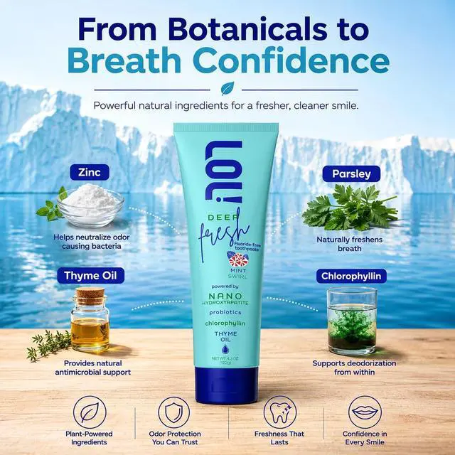 Alt view image 7 of 7 - Deep Fresh Mint Swirl, Fluoride Free Toothpaste - Bad Breath Treatment for Adults | Nano Hydroxyapatite, Oral Probiotics, Thyme Oil, Parsley, Zinc Citrate Odor Neutralizing, Tooth Paste