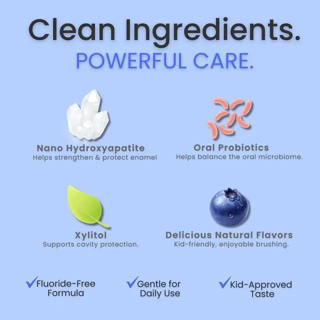 Alt view image 7 of 7 - Kids Toothpaste No Fluoride, Fluoride Free Toothpaste Kids, Nano Hydroxyapatite Toothpaste with Probiotics & Xylitol, Remineralizing, Natural Plant-Based Foam, Blueberry Flavor