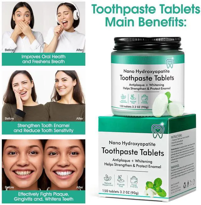 Alt view image 6 of 7 - Toothpaste Tablets 150P-Nano Hydroxyapatite Toothpaste Chewable Toothpaste Tablets for Sensitive Teeth,Flouride&Plastic Free Friendly Travel Tabs,Whitening Teeth&Freshens Breath