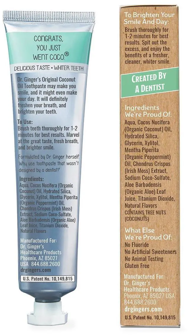 Alt view image 2 of 6 - Dr. Ginger's Coconut Oil Toothpaste, Fluoride Free & Dye Free, Coconut Mint, Organic Coconut Oil + Xylitol, Whitens Teeth, Freshens Breath, Sensitive Teeth Formula, 4 oz