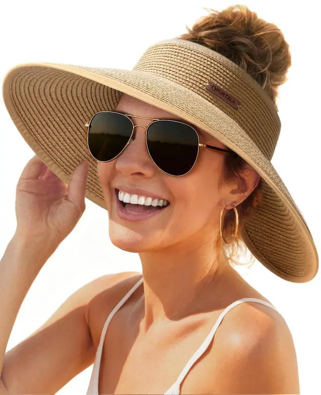 Main image of Sun Hats for Women Wide Brim Beach Hat Straw Visor Ponytail Summer UV Packable Foldable Beach Vacation Essentials Khaki
