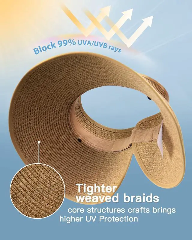 Alt view image 2 of 7 - Sun Hats for Women Wide Brim Beach Hat Straw Visor Ponytail Summer UV Packable Foldable Beach Vacation Essentials Khaki