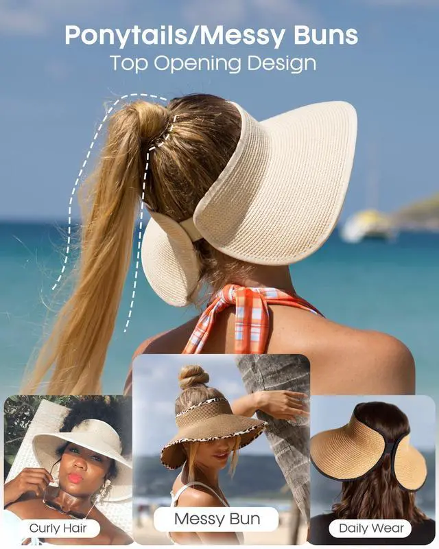 Alt view image 3 of 7 - Sun Hats for Women Wide Brim Beach Hat Straw Visor Ponytail Summer UV Packable Foldable Beach Vacation Essentials Khaki