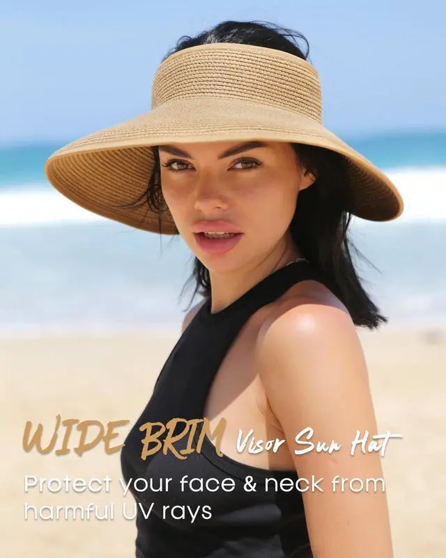 Alt view image 4 of 7 - Sun Hats for Women Wide Brim Beach Hat Straw Visor Ponytail Summer UV Packable Foldable Beach Vacation Essentials Khaki