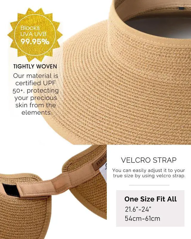 Alt view image 7 of 7 - Sun Hats for Women Wide Brim Beach Hat Straw Visor Ponytail Summer UV Packable Foldable Beach Vacation Essentials Khaki