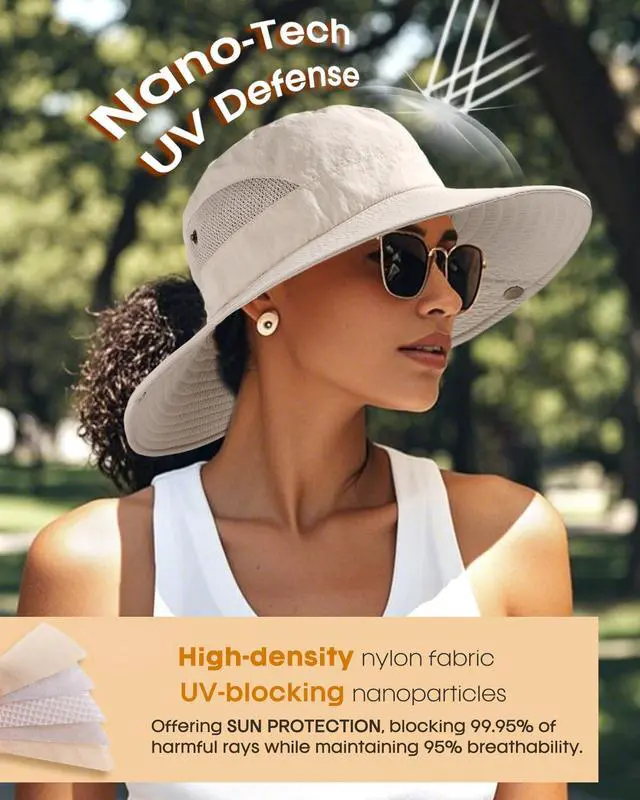 Alt view image 2 of 7 - Womens Sun Hat with Ponytail Hole Beach Hiking Summer Wide Brim UPF 50+ Outdoor Protection Foldable Bucket Hat Beige, One Size