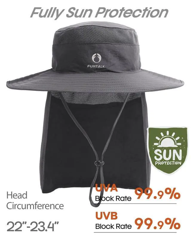 Alt view image 2 of 7 - Sun Hats for Men Women Fishing Hat with Neck Flap UPF 80+ Breathable Wide Brim Hiking Safari Summer Bucket Hats Dark Grey