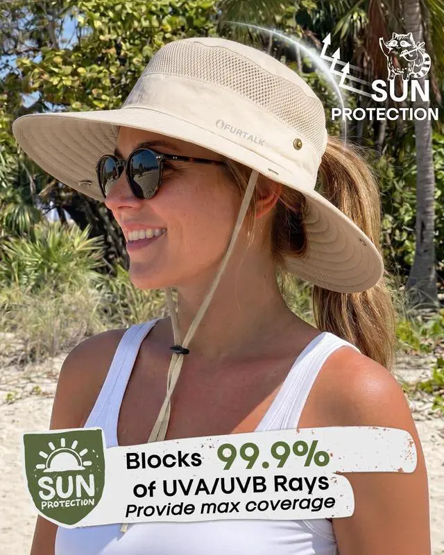 Alt view image 2 of 7 - Sun Hats for Women with Ponytail Hole Hiking Summer Wide Brim Outdoor UV Protection Bucket Safari Hat Beige