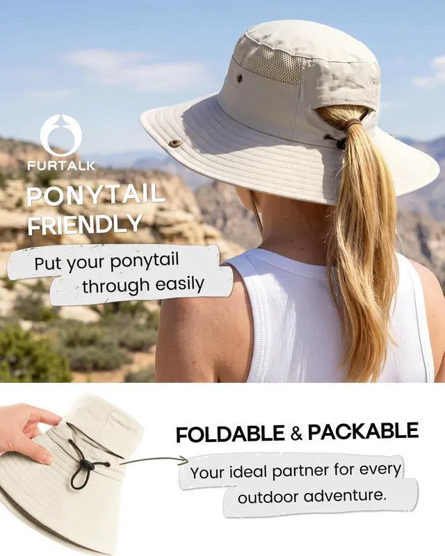 Alt view image 4 of 7 - Sun Hats for Women with Ponytail Hole Hiking Summer Wide Brim Outdoor UV Protection Bucket Safari Hat Beige