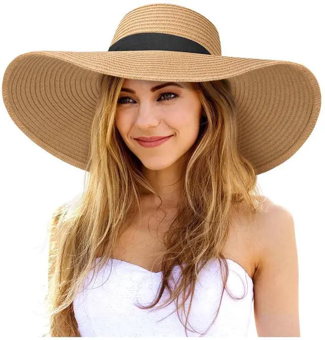 Main image of Sun Hats for Women Oversize Wide Brim Straw Beach Hat Floppy Foldable Roll-Up Summer Vacation UPF 50+ Khaki