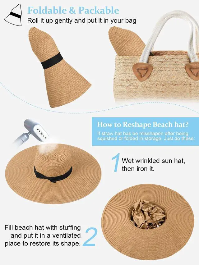 Alt view image 3 of 6 - Sun Hats for Women Oversize Wide Brim Straw Beach Hat Floppy Foldable Roll-Up Summer Vacation UPF 50+ Khaki