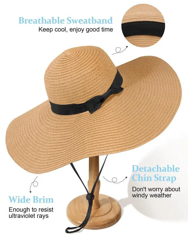 Alt view image 2 of 6 - Sun Hats for Women Oversize Wide Brim Straw Beach Hat Floppy Foldable Roll-Up Summer Vacation UPF 50+ Khaki