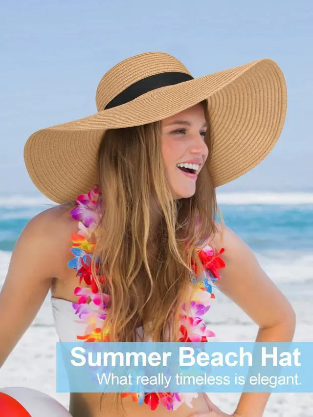 Alt view image 6 of 6 - Sun Hats for Women Oversize Wide Brim Straw Beach Hat Floppy Foldable Roll-Up Summer Vacation UPF 50+ Khaki