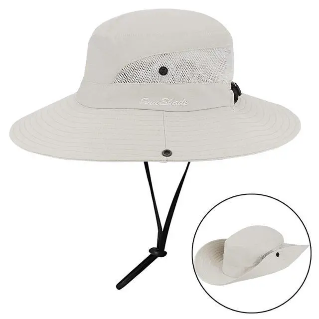 Alt view image 2 of 7 - Women's Outdoor UV-Protection-Foldable Sun-Hats Mesh Wide-Brim Beach Fishing Hat with Ponytail-Hole Beige