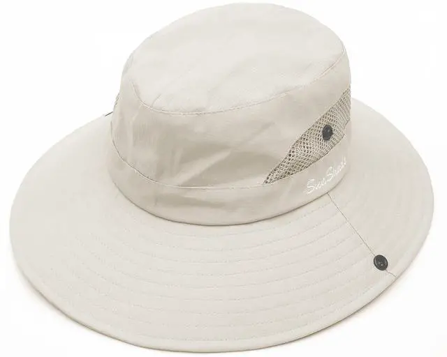 Alt view image 5 of 7 - Women's Outdoor UV-Protection-Foldable Sun-Hats Mesh Wide-Brim Beach Fishing Hat with Ponytail-Hole Beige