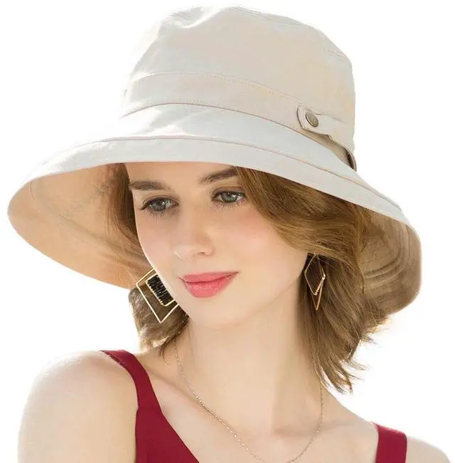 Main image of Womens Cotton Wide Brim Sun Hats UPF52+ UV Packable Beach Hat Summer Bucket Cap for Travel