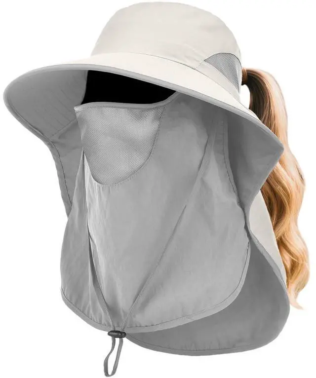 Main image of Womens Sun Hat Wide Brim UPF50+ Outdoor Sun Protection Ladies Fishing Hat with Neck Flap Detachable Face Cover (US, Alpha, One Size, Beige)