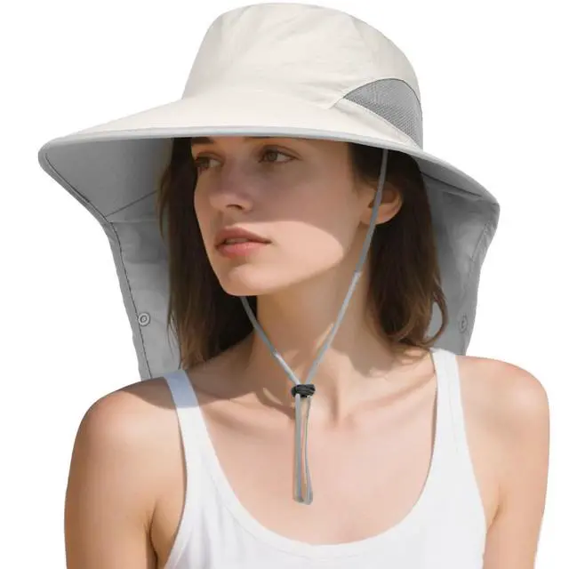 Alt view image 2 of 7 - Womens Sun Hat Wide Brim UPF50+ Outdoor Sun Protection Ladies Fishing Hat with Neck Flap Detachable Face Cover (US, Alpha, One Size, Beige)
