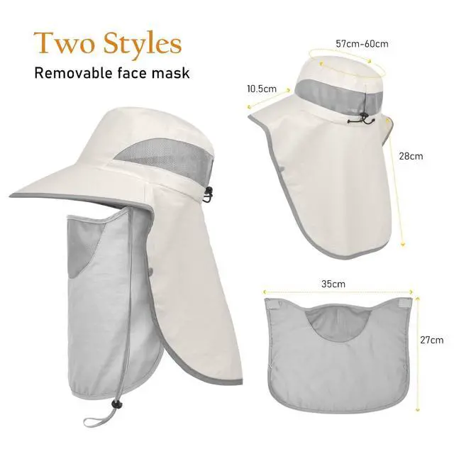 Alt view image 5 of 7 - Womens Sun Hat Wide Brim UPF50+ Outdoor Sun Protection Ladies Fishing Hat with Neck Flap Detachable Face Cover (US, Alpha, One Size, Beige)