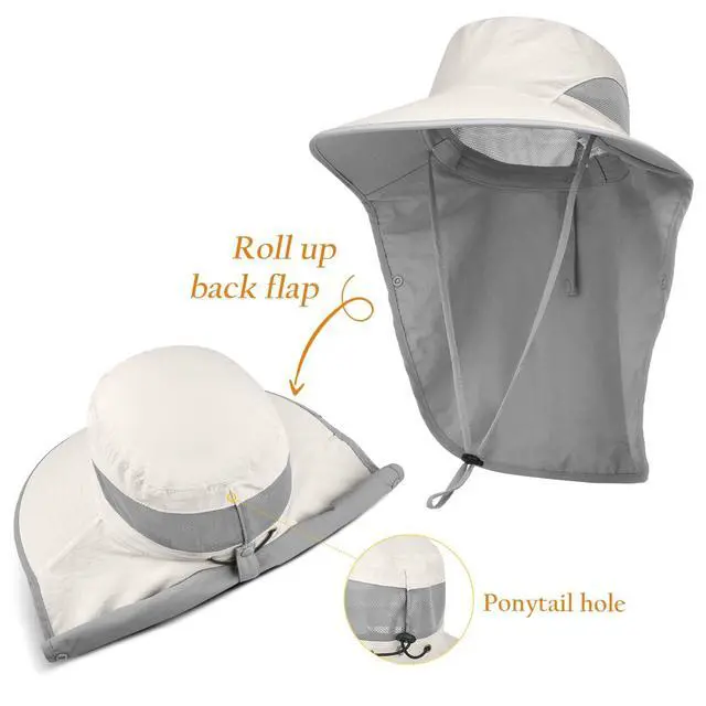 Alt view image 6 of 7 - Womens Sun Hat Wide Brim UPF50+ Outdoor Sun Protection Ladies Fishing Hat with Neck Flap Detachable Face Cover (US, Alpha, One Size, Beige)