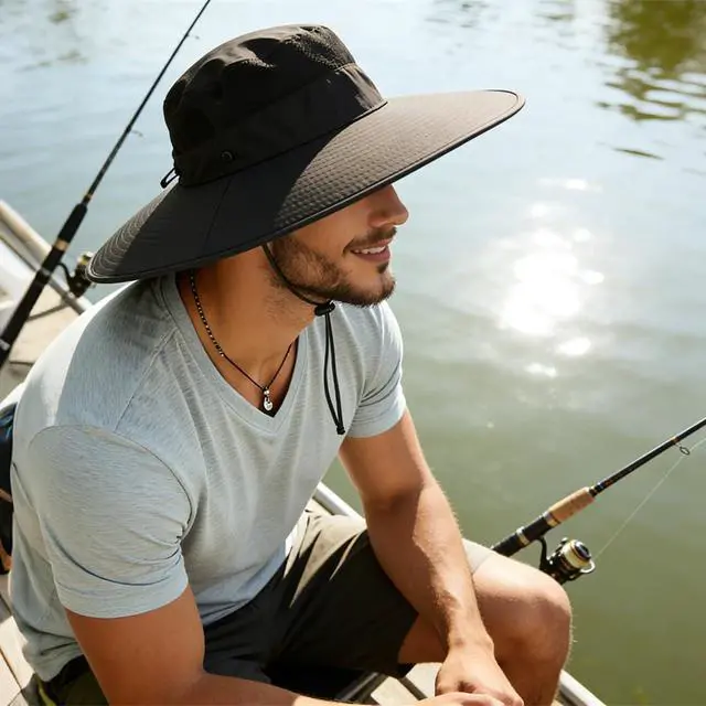 Alt view image 6 of 7 - Men's Wide Brim Sun Hat-UPF 50+ Protection,Waterproof Bucket Hat for Fishing, Hiking, Camping,Breathable Nylon & Mesh Dark Grey