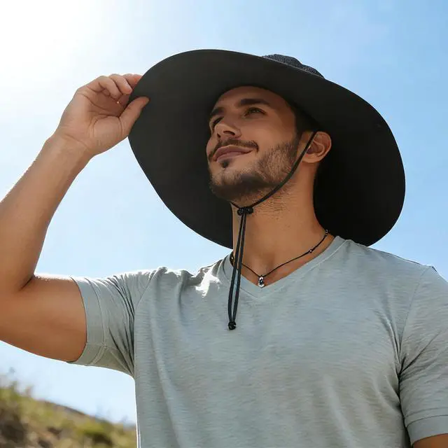 Alt view image 7 of 7 - Men's Wide Brim Sun Hat-UPF 50+ Protection,Waterproof Bucket Hat for Fishing, Hiking, Camping,Breathable Nylon & Mesh Dark Grey