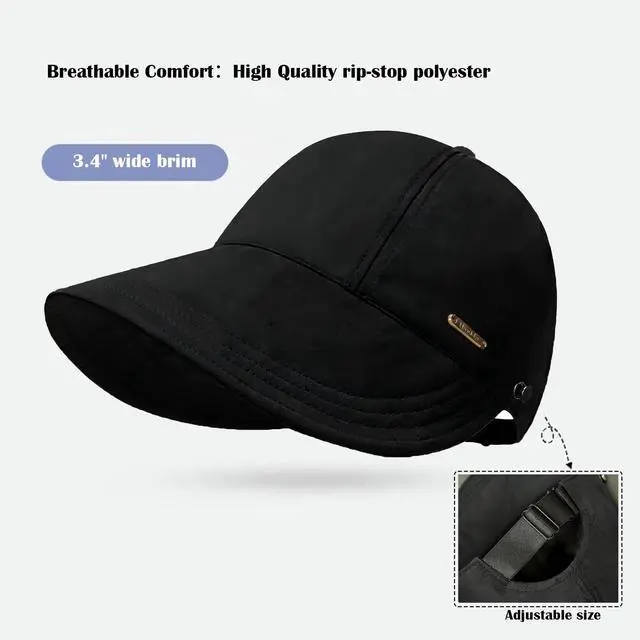 Alt view image 3 of 7 - UPF 50+ Womens Sun Hat Wide Brim Hat UV Protection Hiking Fishing Hats Ponytail Hole Sun Cap Foldable Baseball Cap for Travel Outdoor Black