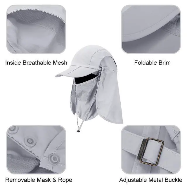 Alt view image 2 of 6 - Foldable Sun Cap, Fishing Hats, UPF 50+ Protection Caps with Face Mask Neck Flap Light Gray