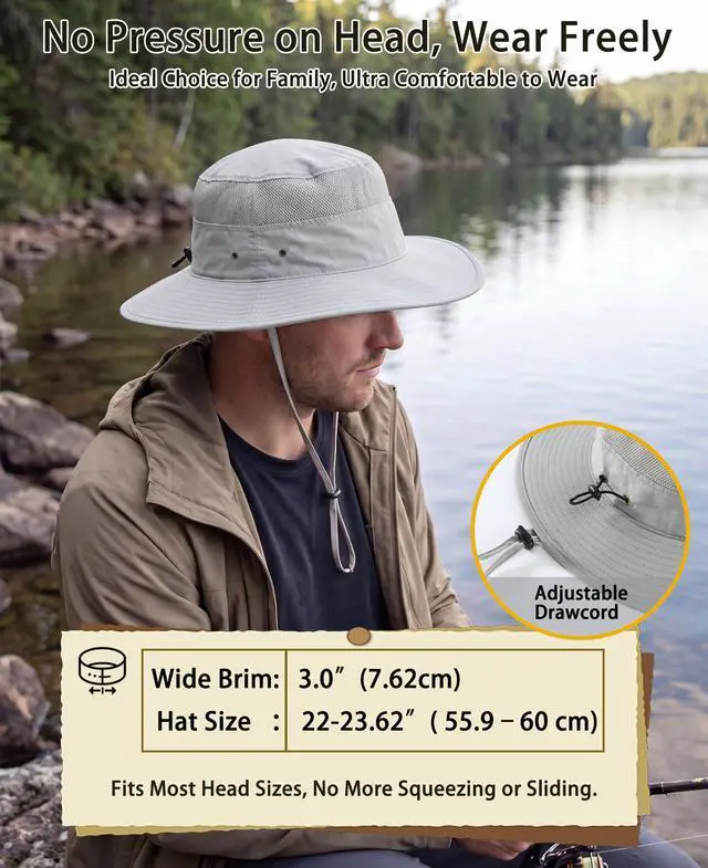 Alt view image 2 of 7 - UPF50+ Mens Sun Hat Wide Brim Fishing Hat Airy Womens Bucket Hat UV Protection Hat for Mens Womens Beach Safari Gardening Golf Grey