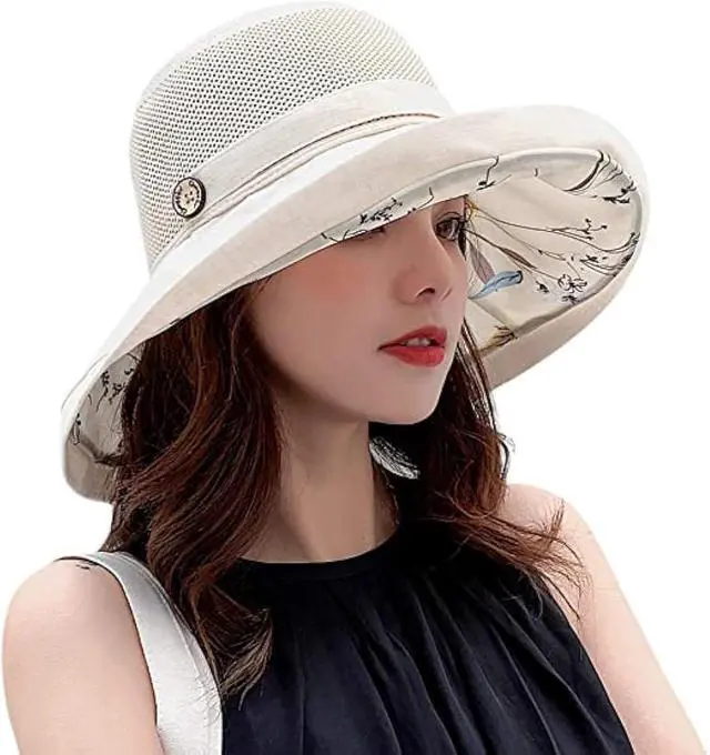 Main image of Summer Mesh Sun Hats for Women UV Protection Wide Brim Packable Beach Bucket Hat Beige